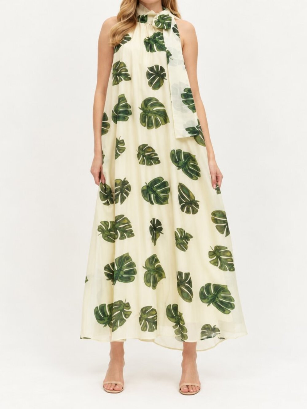 NWT Entro Cream Green Tropical Leaf Print Tie Neck Halter Maxi Dress S
